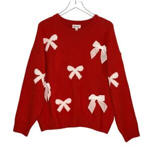 &Merci Velvet Bow Knit Sweater Red Ivory L NEW Crewneck Cozy Holiday Coquette
